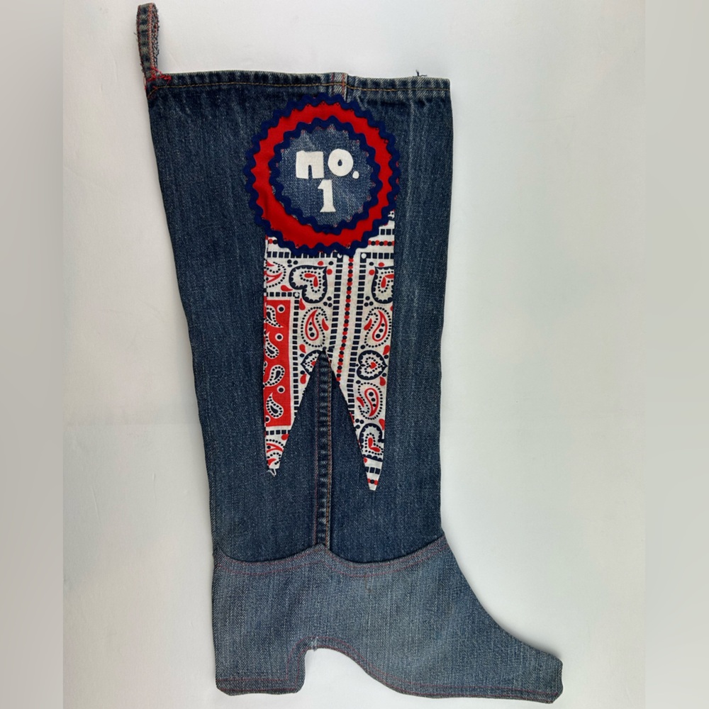 Vintage Denim Handmade Cowboy Boot Christmas Stocking Hand Sewn Western No. 1
